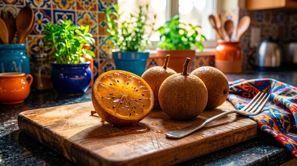 Halved amber fruit with juicy flesh on a wooden cutting board