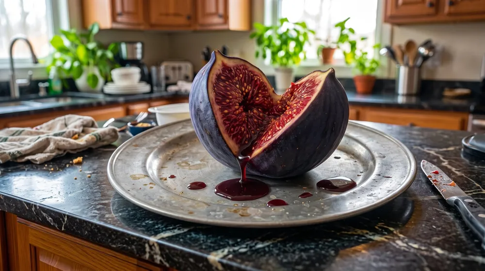 Ripe fig split open on a metal plate in a home kitchen