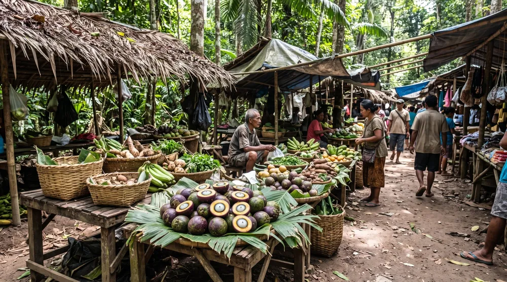 Purple tropical fruit, bananas and roots at a village market stall