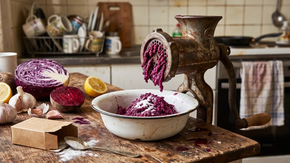 Red cabbage, beets, garlic and lemon prepared in a home kitchen