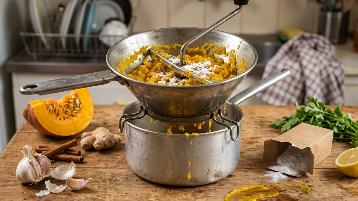 Pumpkin, ginger, cinnamon and garlic being prepared with a food mill