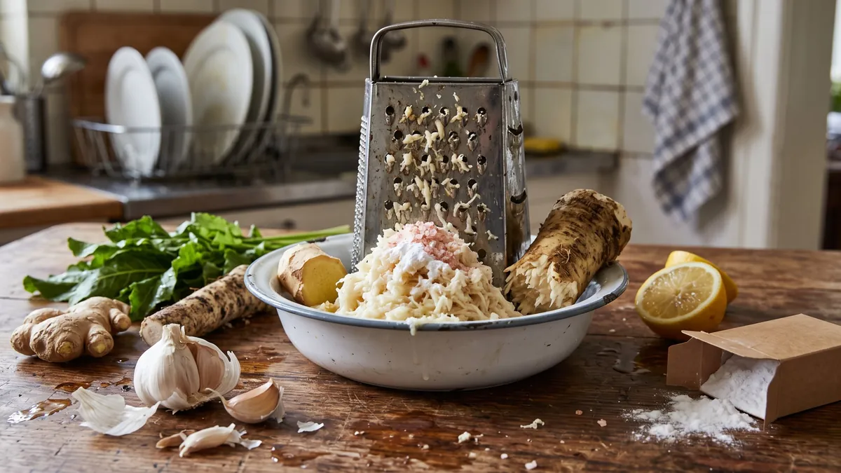 Freshly grated horseradish and ginger root in a kitchen bowl