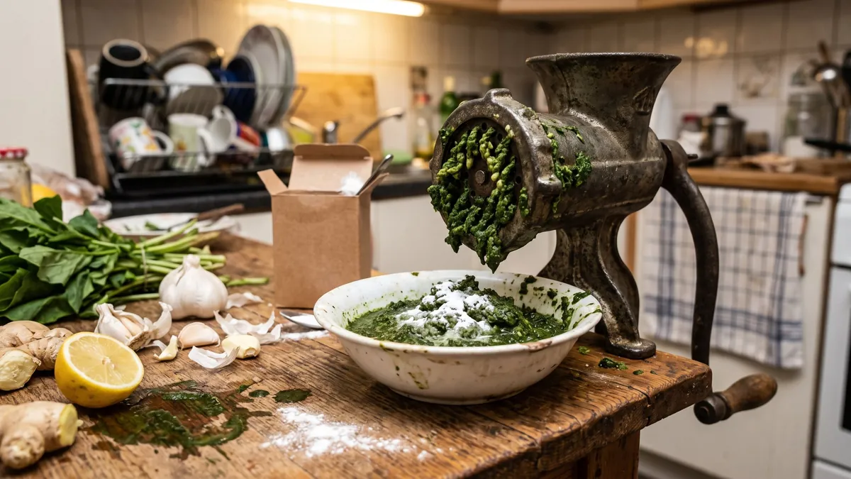 Leafy greens, garlic, ginger and lemon prepared with a hand grinder