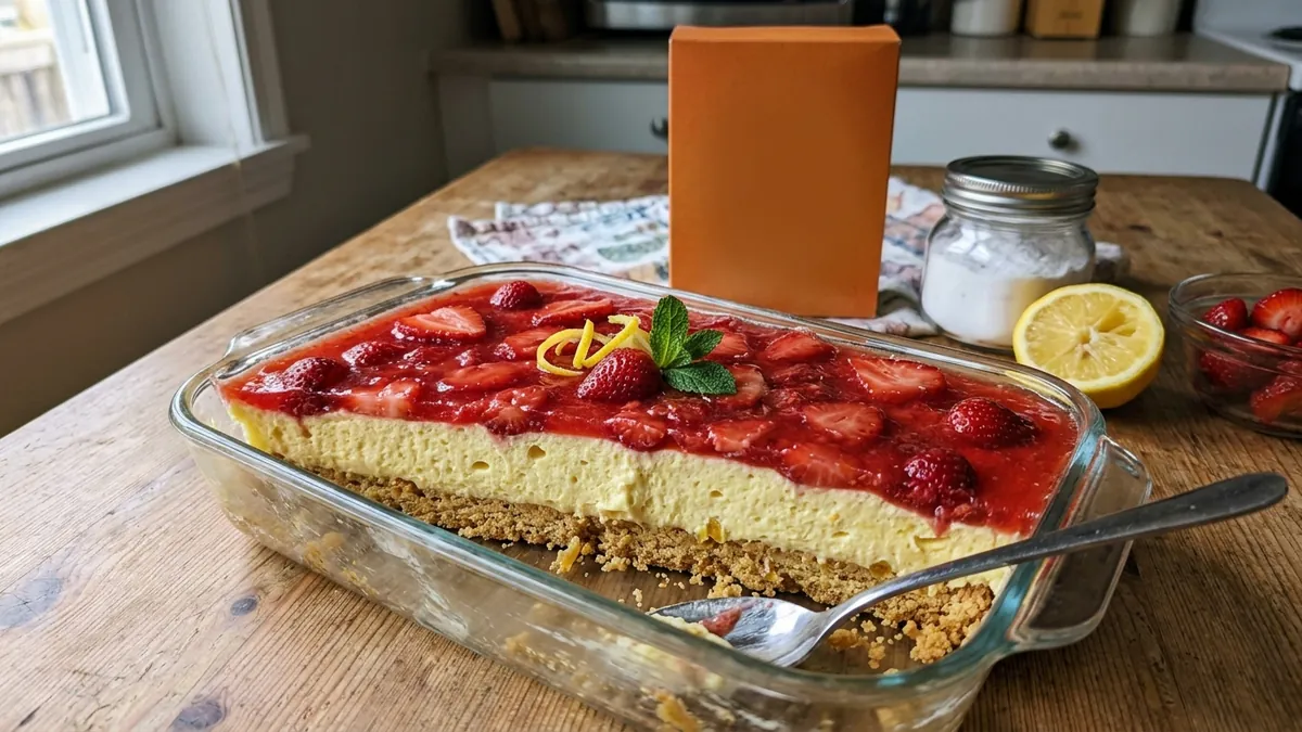 Light lemon and strawberry dessert made in a home kitchen