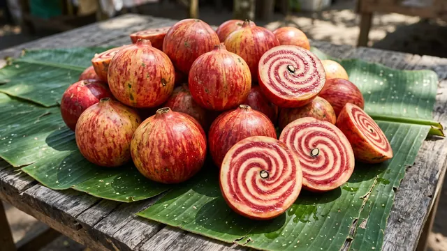 Fresh-cut tropical fruit on banana leaves