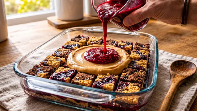 Homemade berry and nut butter bars in a glass dish
