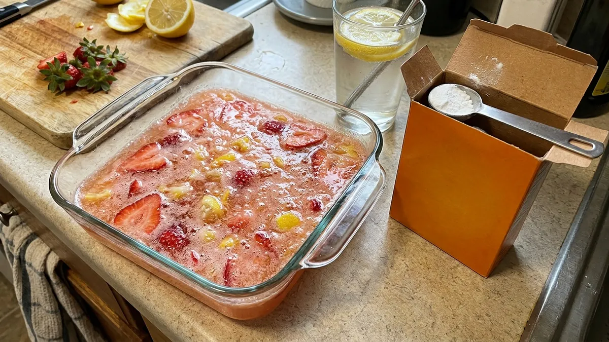 Baked strawberry and lemon fruit in a glass dish