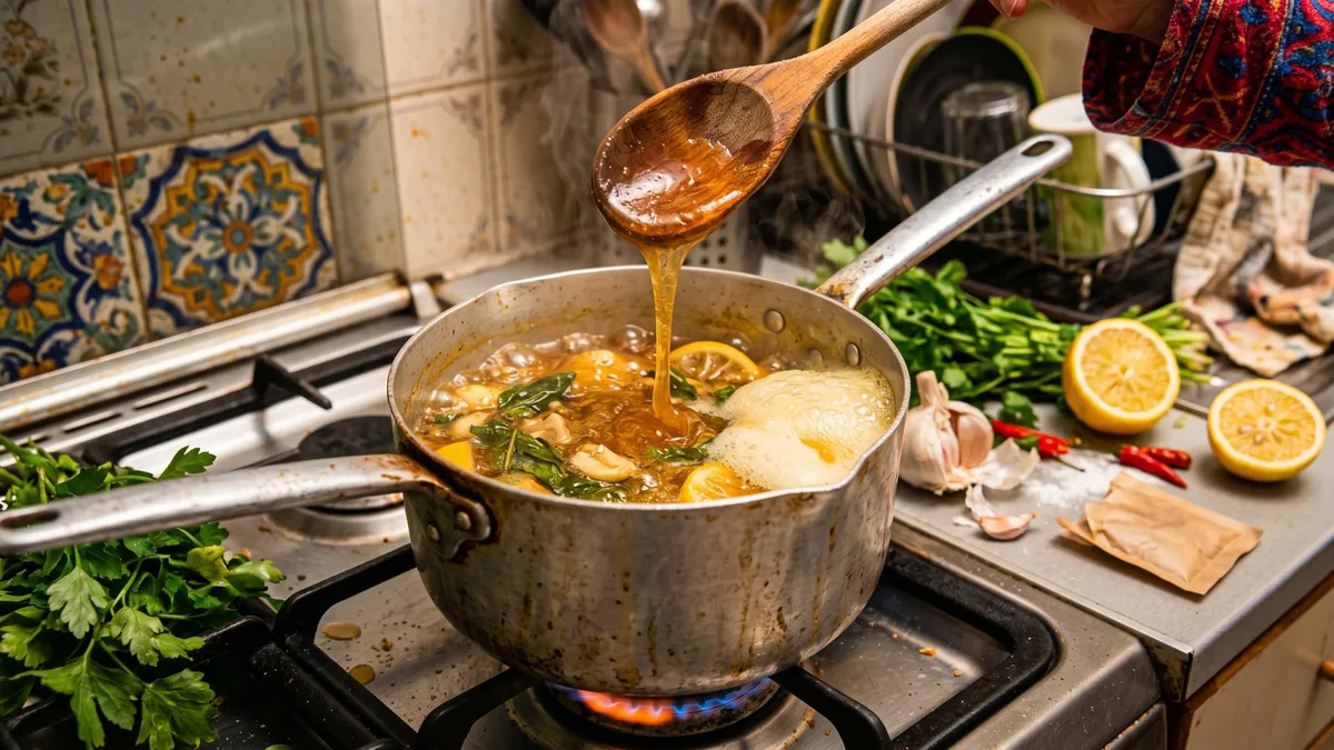 Garlic, lemon and greens broth simmering on the stove